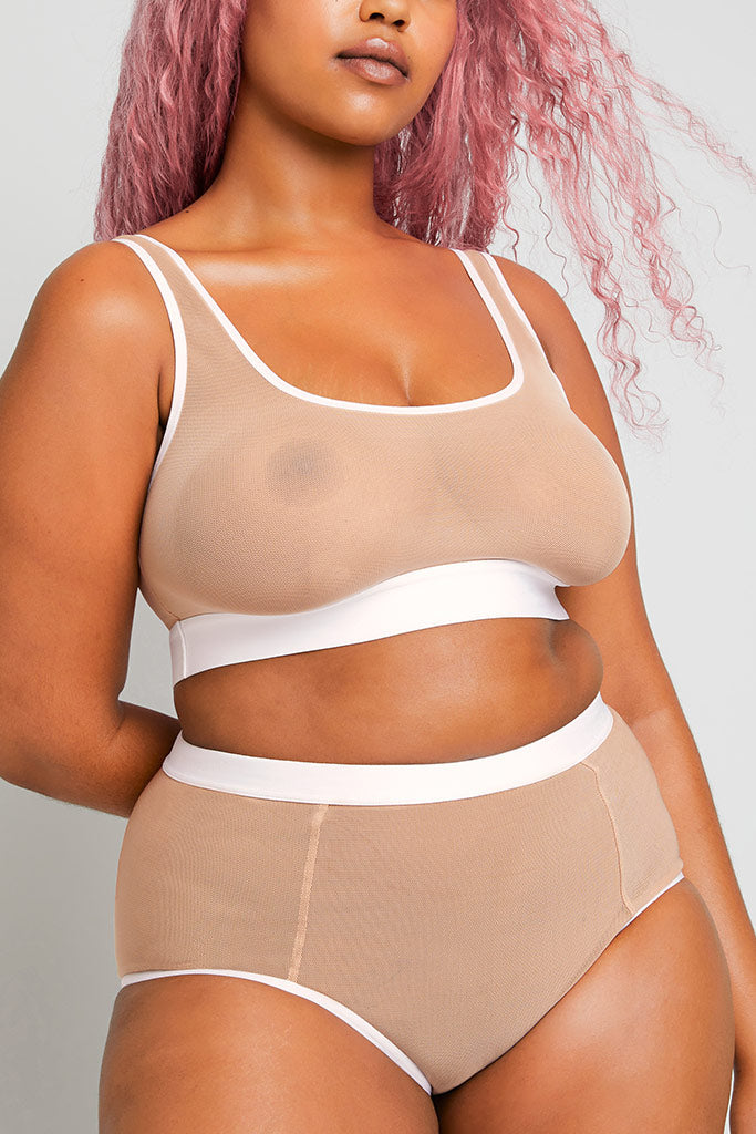 Sieve High-Waist Brief in Buff + White