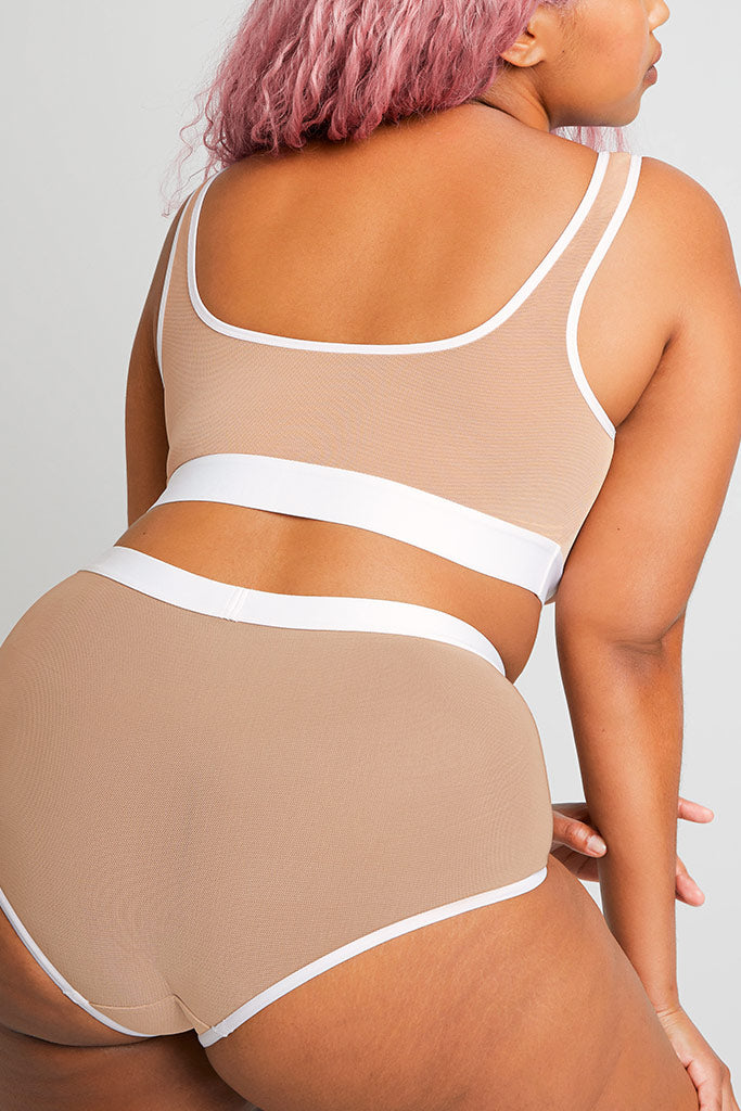 Sieve High-Waist Brief in Buff + White