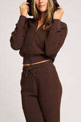 Waffle Knit Zip-Up Hoodie in Espresso